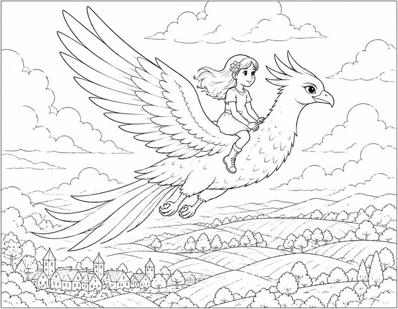 Preview of the Flying Over Willowbrook coloring page, showing Nia riding on Aelira's back over the village.