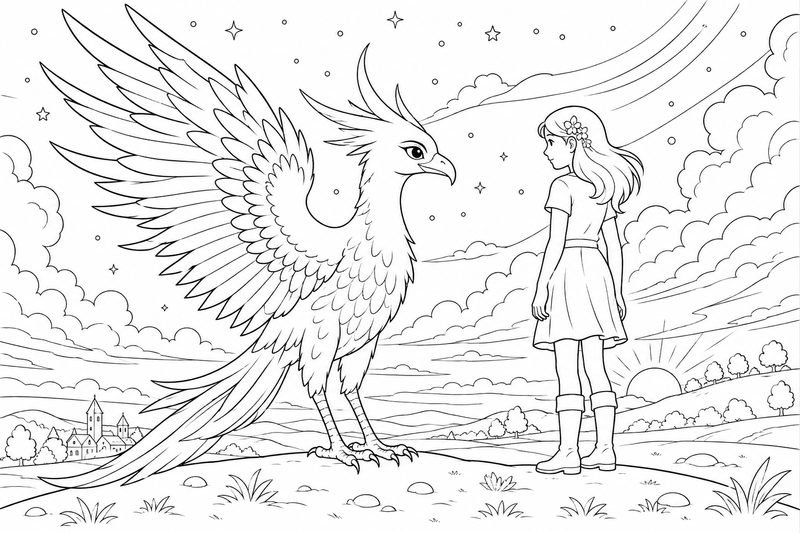 Preview of the Nia Meets Aelira coloring page, showing Nia standing face to face with the rainbow-feathered guardian Aelira.