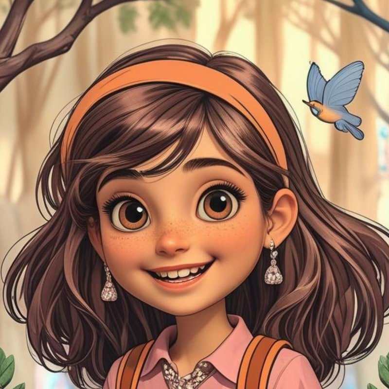 Nia, the brave heroine of Niki Fables, a smiling young girl with wavy brown hair and an orange headband, illustrated in an enchanted forest.
