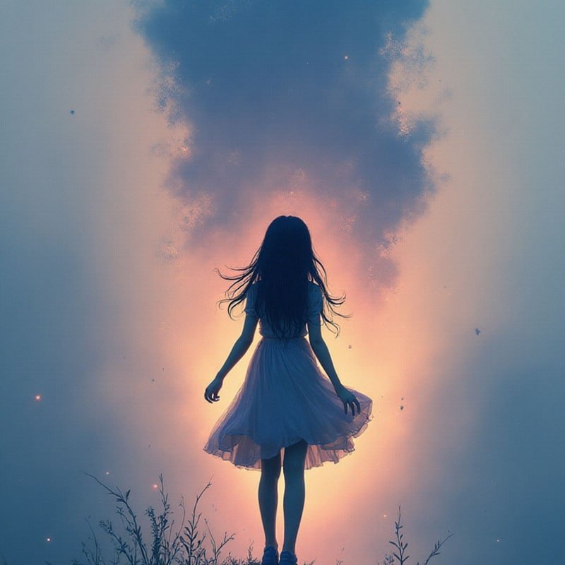 An artistic silhouette of NIKI, the storyteller behind Niki Fables, standing in a glowing, star-lit scene.