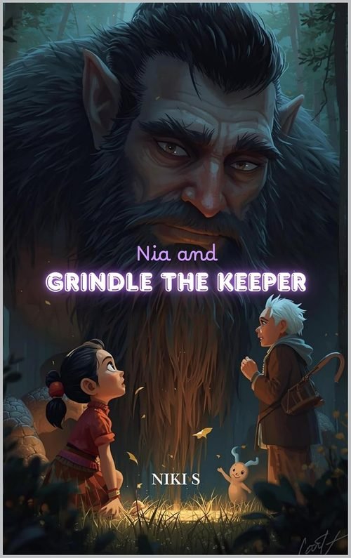 Book cover for Nia and Grindle the Keeper, showing Nia and Elder Thomas looking up at Grindle, a large gentle forest guardian, in a moonlit forest.