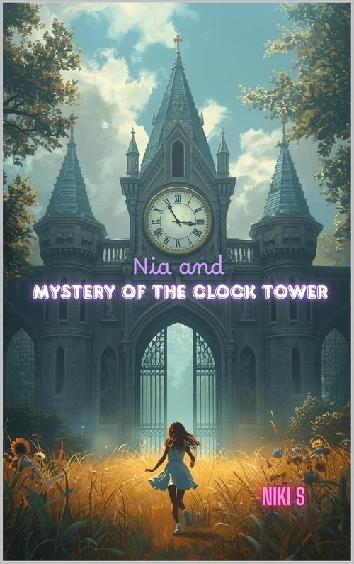Book cover for Nia and Mystery of the Clock Tower, showing Nia running through a golden meadow toward a tall, mysterious castle clock tower.